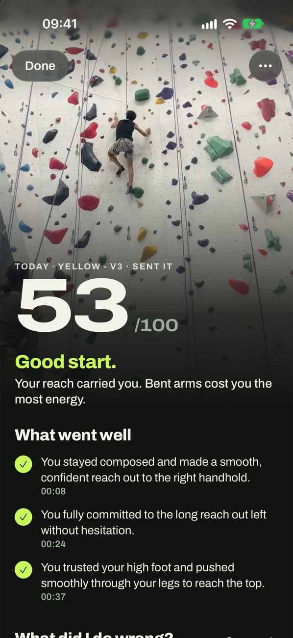 Send AI report with a score of 53 out of 100 and what went well, with timestamps